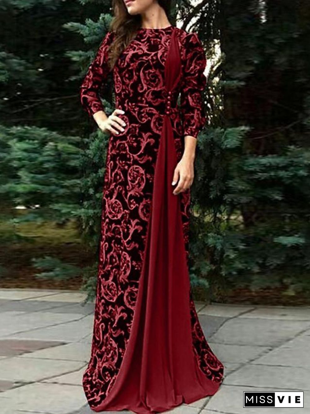 Women's Maxi long Dress - 3/4 Length Sleeve Paisley Patchwork Print Fall Winter Plus Size Hot Elegant Black Blue Red Brown S M L XL XXL 3XL 4XL 5XL