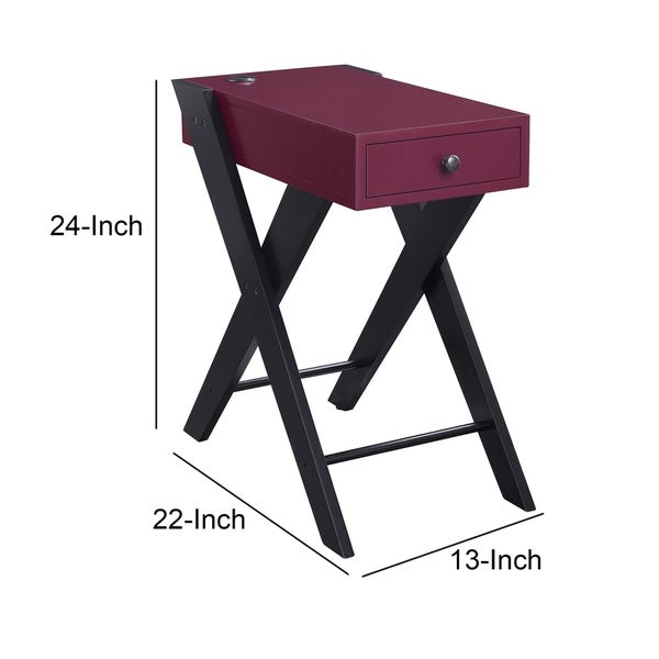 Wooden Frame Side Table with X Shaped Legs and 1 Drawer， Purple and Black