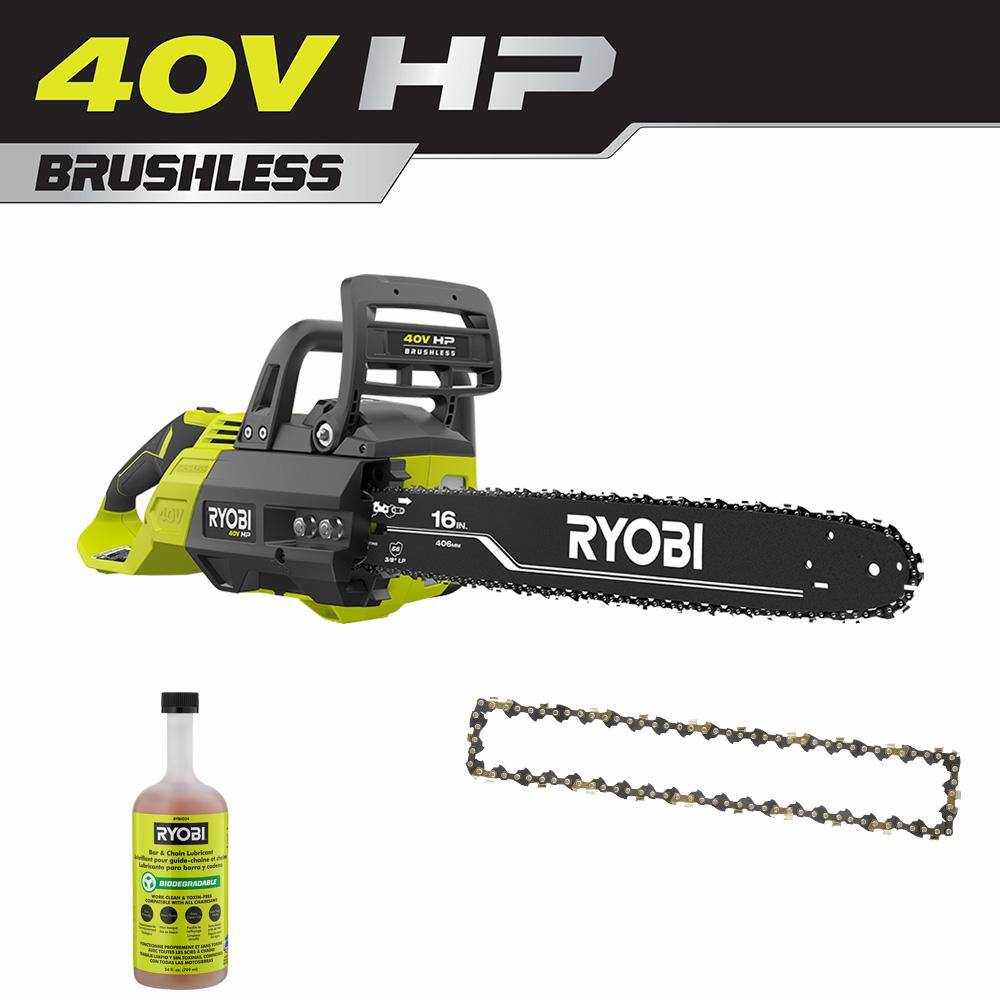 RYOBI 40V HP Brushless 16 in. Battery  Chainsaw (Tool Only) with Extra Chain and 24 oz. Bar and Chain Oil RY40505BTL-CMB1