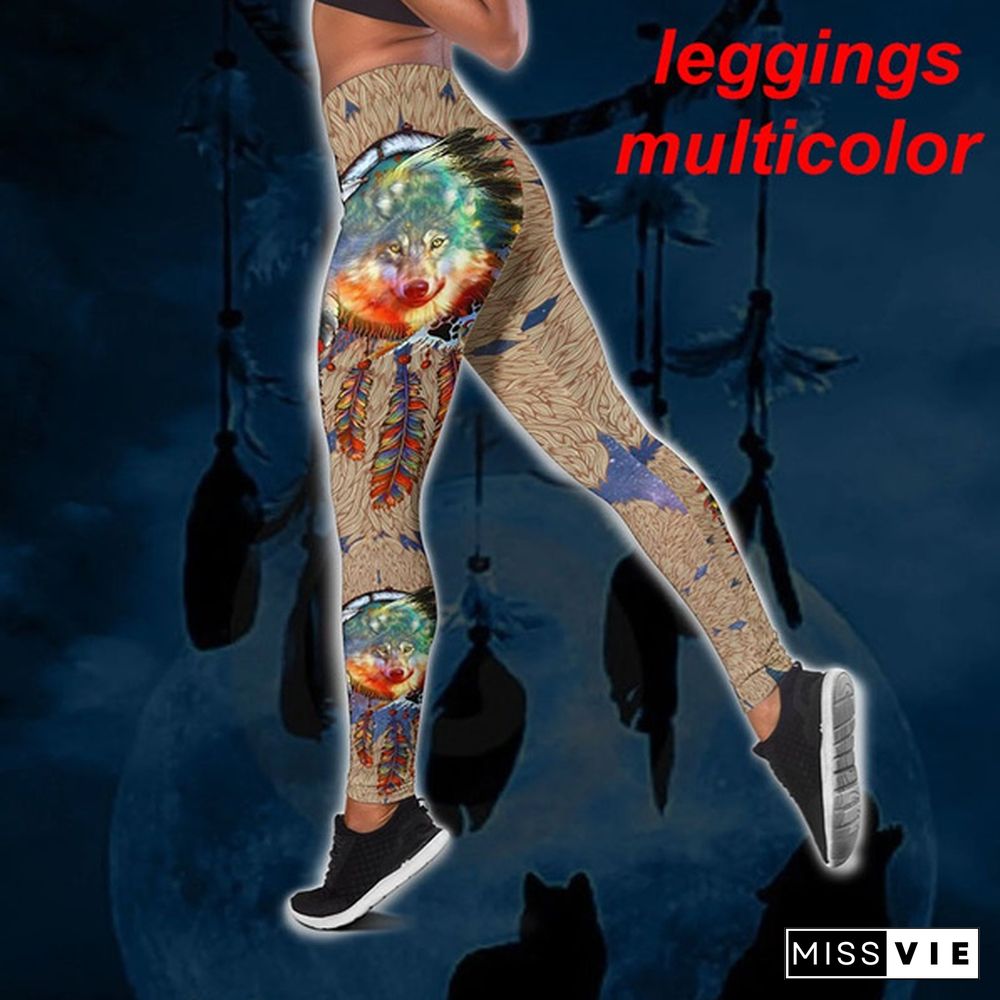 Women Wolf Native American 3D All Over Printed Legging + Hollow Tank Sleeveless Shirt Summer Vest for Women Plus Size Yoga Tank Tops Leggings Suit