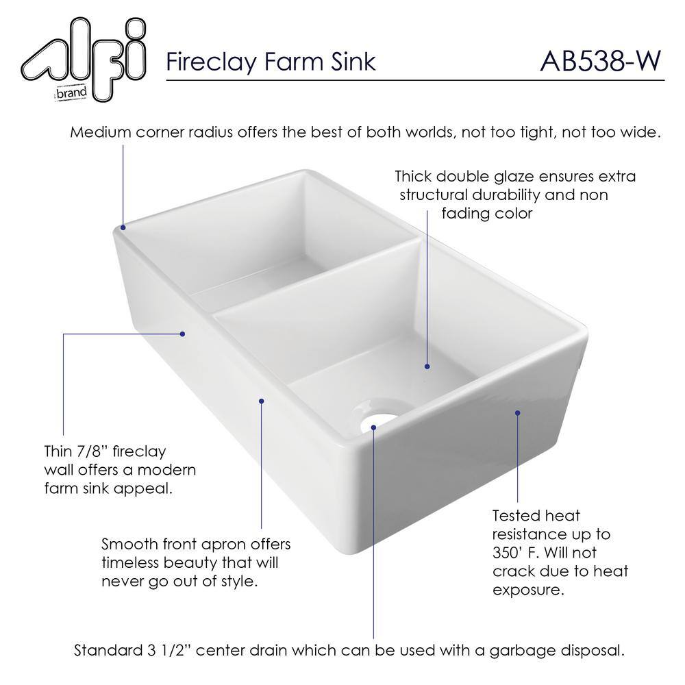 ALFI BRAND Smooth Farmhouse Apron Fireclay 33 in. 0-Hole 5050 Double Basin Kitchen Sink in White AB538-W