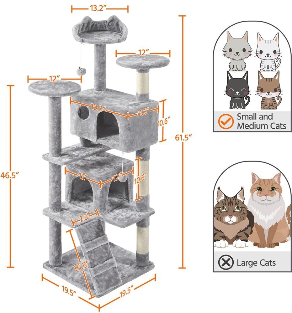 Yaheetech 61.5-in Plush Scratching Tree w/2 Condos Cat Tree