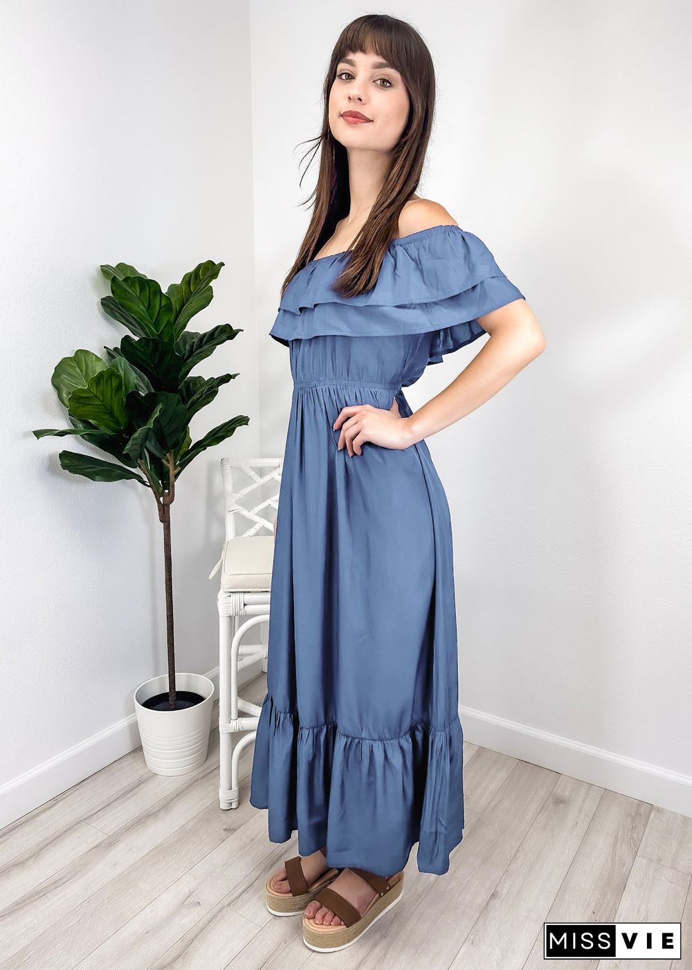 Grecian Ruffle Stretch Maxi Long Dress