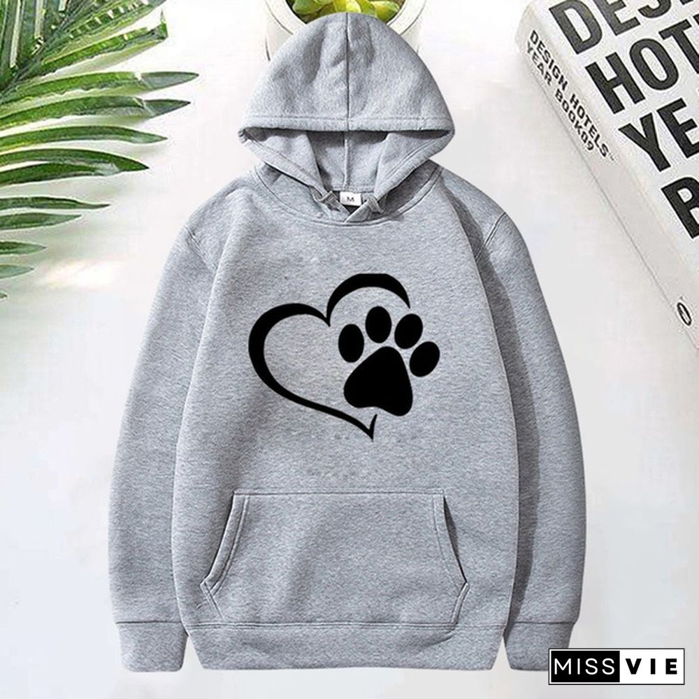 Cute Dog Paw and Heart Shape Print Hoodies Women Casual Long Sleeve Hoodies Autumn Winter Pullovers Plus Size