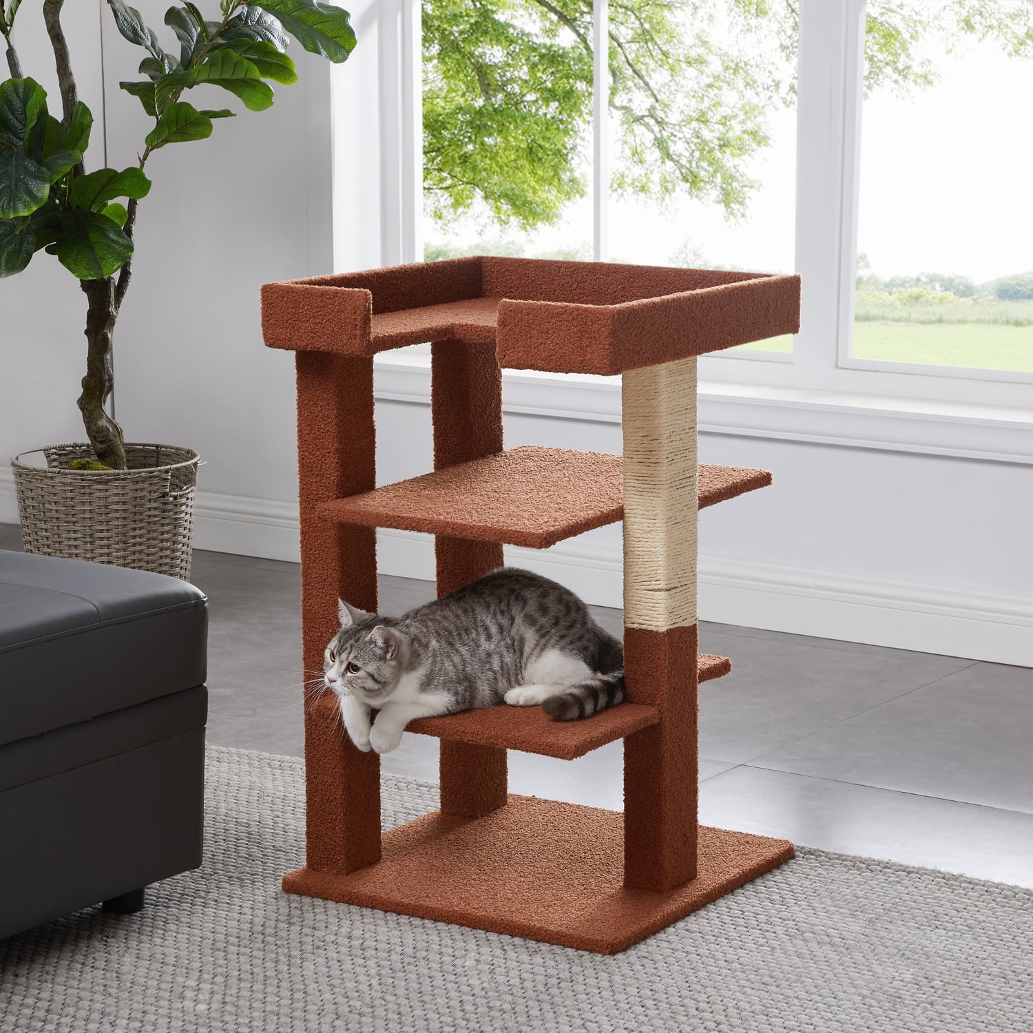 Naomi Home Multi-Level Cat Tree Wooden Furniture， Cat Tower for Large， Small， Little Cats-Color: Terracotta