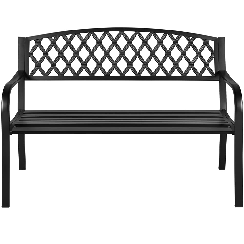 Yaheetech Patio Iron Metal Bench Outdoor Park Garden Bench with Mesh Back Slatted Seat for Yard Front Porch Path Lawn, Black