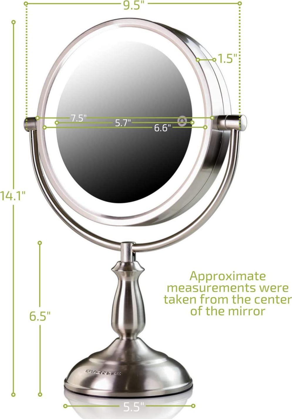 Ovente 75  Lighted Tabletop Vanity Makeup Mirror 1X and 7X Magnifier Spinning Double Sided Round LED 3 Tone Smart Touch Auto Shut Off Timer Battery and AC Plug Operated Nickel Brushed MPT75BR1X7X  Crowdfused