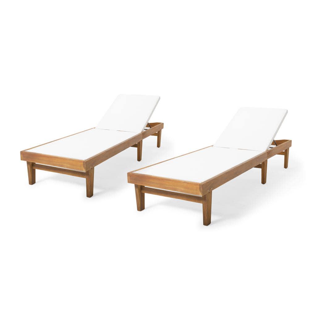 Noble House Summerland White and Teak Brown Wood Adjustable Outdoor Chaise Lounges