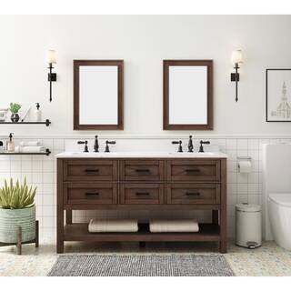 Home Decorators Collection Tolbrook 60in. W x 22 in. D x 34 12 in. H Vanity in Brown Oak with Engineered Carrara Marble Top and White Sinks TJ-0204V6022BR