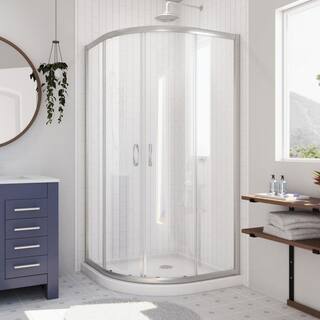 DreamLine Prime 38 in. x 74-34 in. Semi-Frameless Corner Sliding Shower Enclosure in Brushed Nickel with White Base Kit DL-6703-04CL