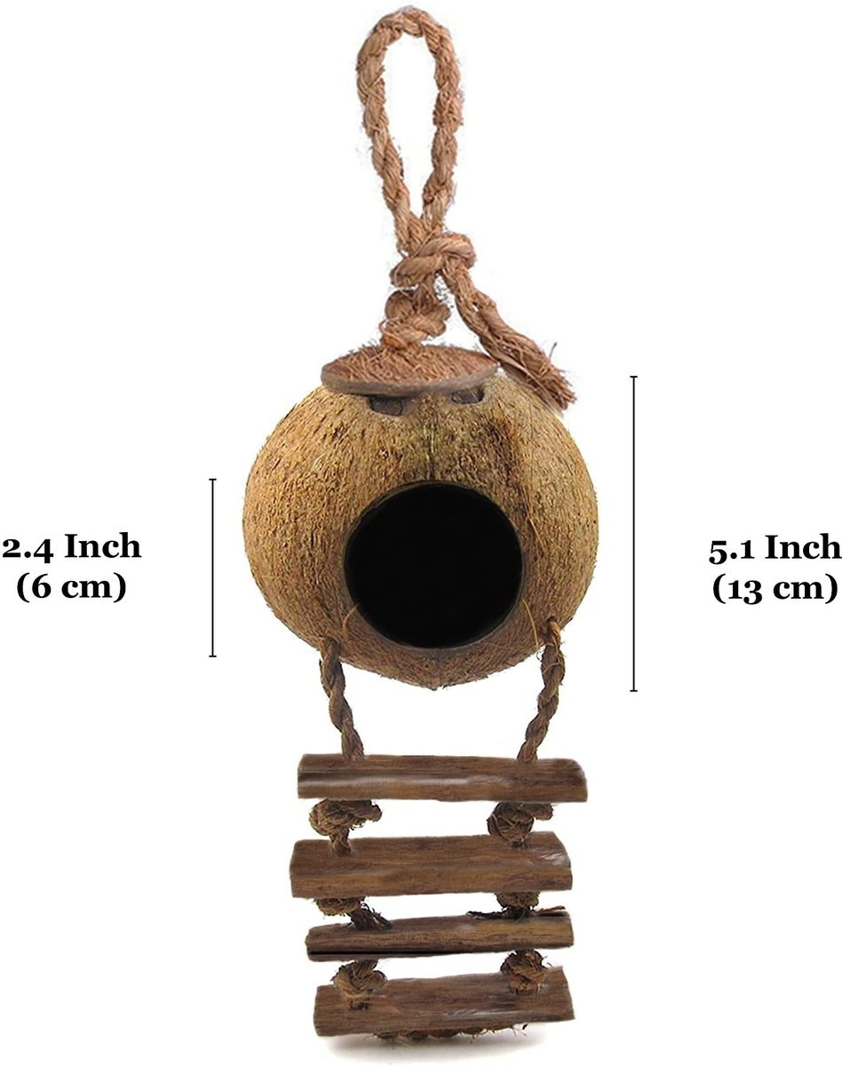 SunGrow Coconut Shell Nest and Window Feeder with Ladder Perch Cage Accessory and Hanging Parakeet， Finch and Budgie Bird House