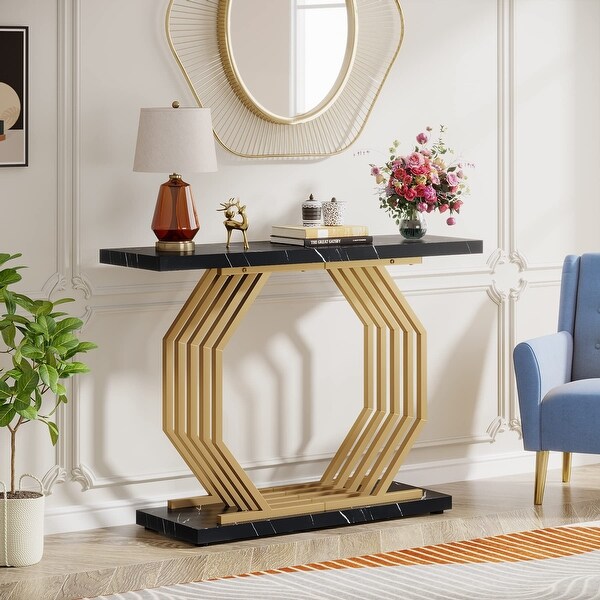 Gold Console Table， Faux Marble Entryway Table Narrow Sofa Table， 40 Inch Modern Accent Table Entrance Table for Living Room