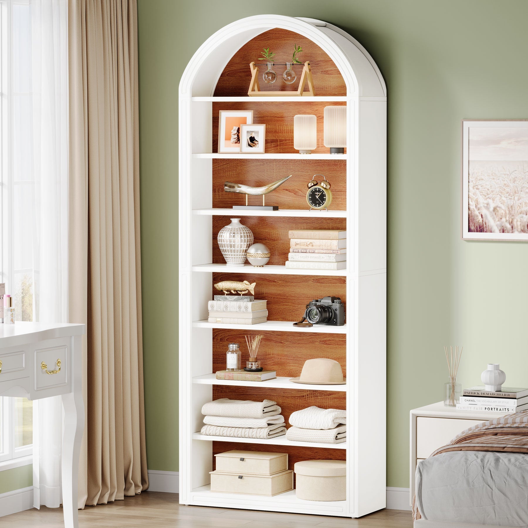 78.7 Bookshelf, Wooden Arched Bookcase Display Shelving Unit