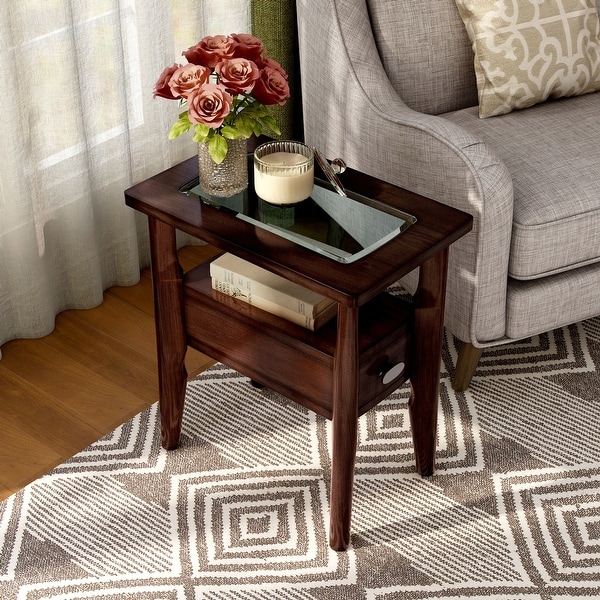 Qui Transitional Walnut Glasstop Side Table by Furniture of America