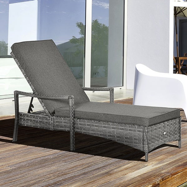 Wicker Chaise Lounge with Wheels， 4 Position Adjustable Backrest and Cushions Outdoor Lounge Chair PE Rattan Sun Lounger