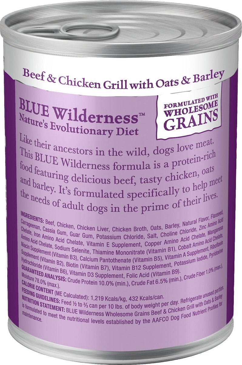 Blue Buffalo Wilderness Beef and Chicken Grill with Oats and Barley Adult Wet Dog Food， 12.5-oz， case of 12