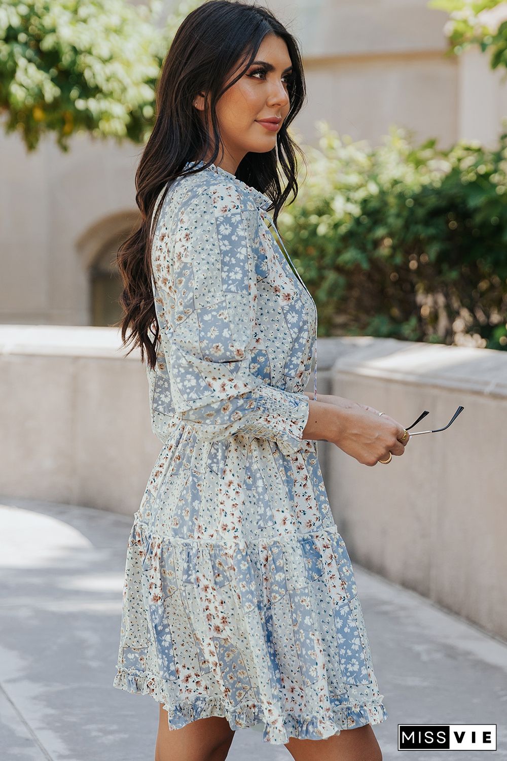 Sky Blue Floral Split V Neck Tiered Ruffle Dress