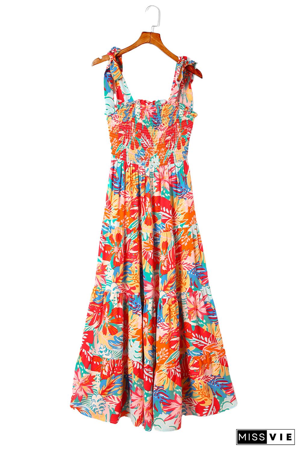 Multicolor Vibrant Tropical Print Smocked Ruffle Tiered Maxi Dress