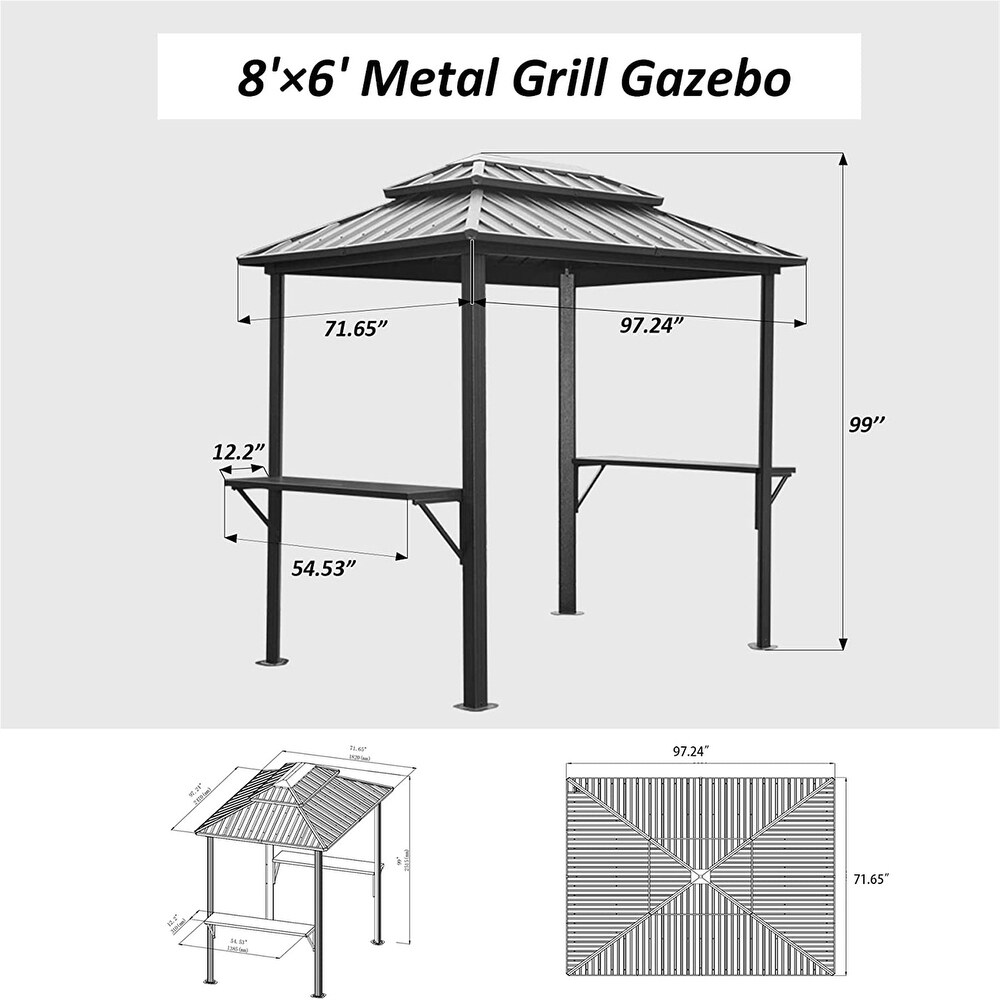 8'×6' Outdoor Metal Fram Aluminum BBQ Gazebo with Shelves Serving Tables