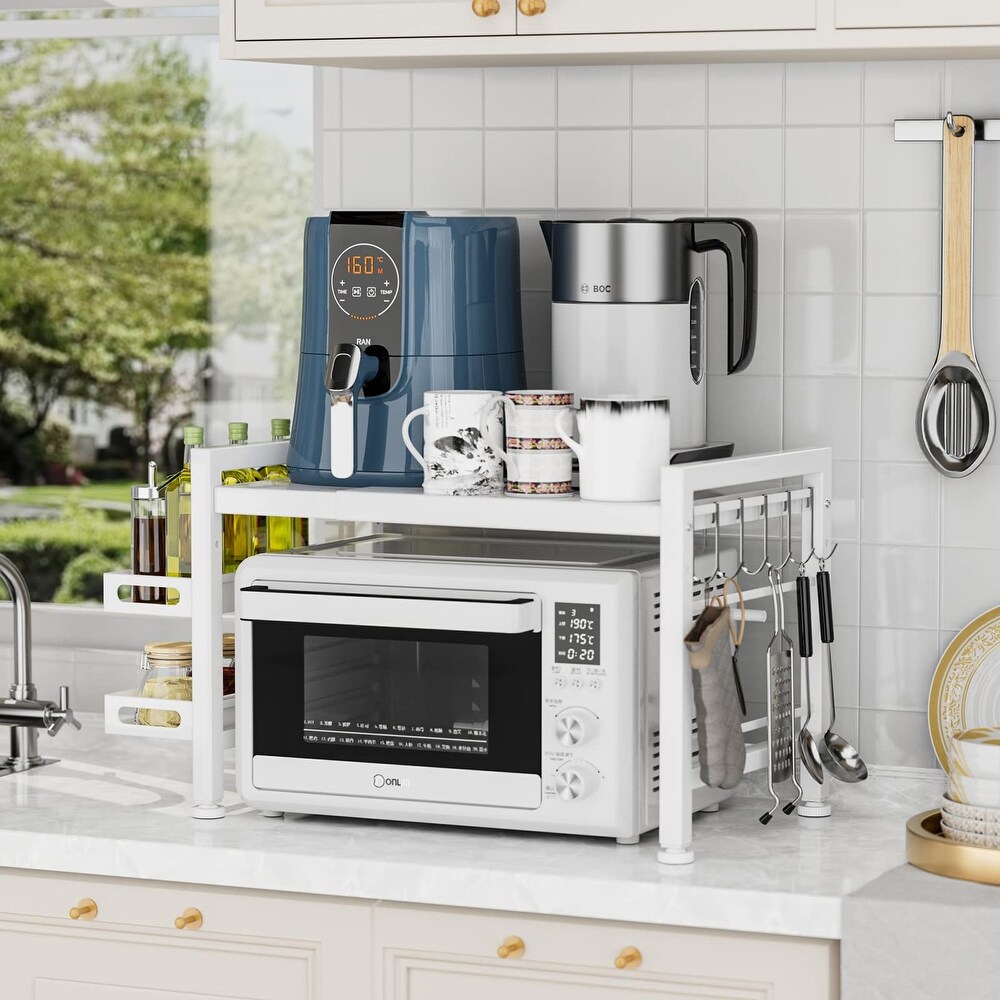 Over the Microwave Shelf   Adjustable Countertop Microwave Stand 2 Tier Microwave Rack with Spice Organizer and 6 Hooks