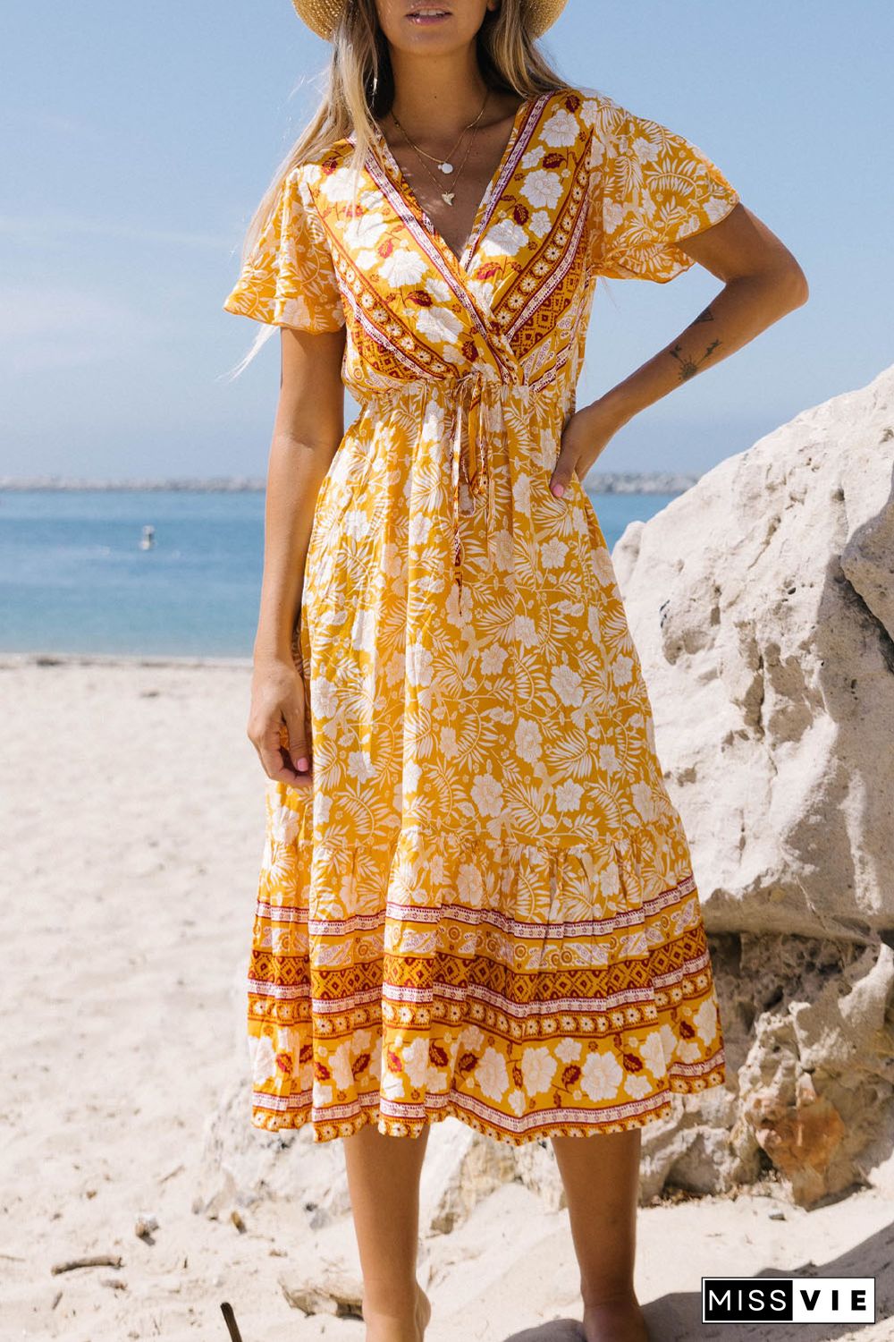 Yellow Floral Wrapped V Neck Tied Ruffled Sleeves Midi Dress