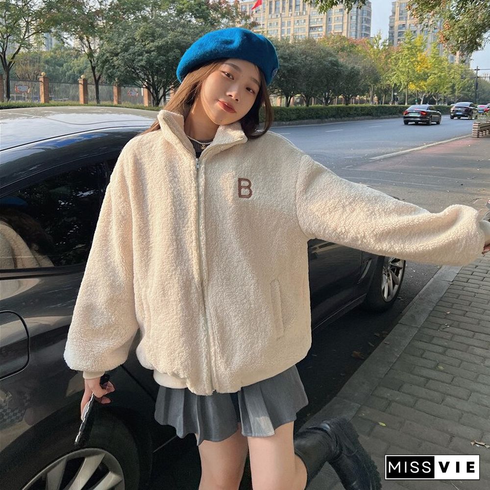 Winter Warm Lamb Wool Coat Women Korean Fashion Zipper Long Sleeve Jacket Female Vintage Y2k Letter Outwear Tops Mujer