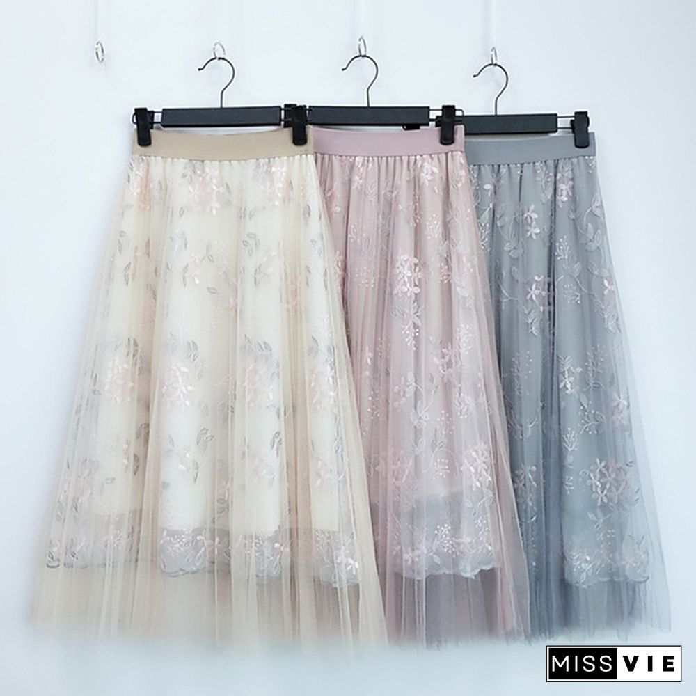 Spring And Summer Korea Mesh Skirt Skirt Heavy Work Embroidery High Waist One Word Long Skirt Fairy Skirt