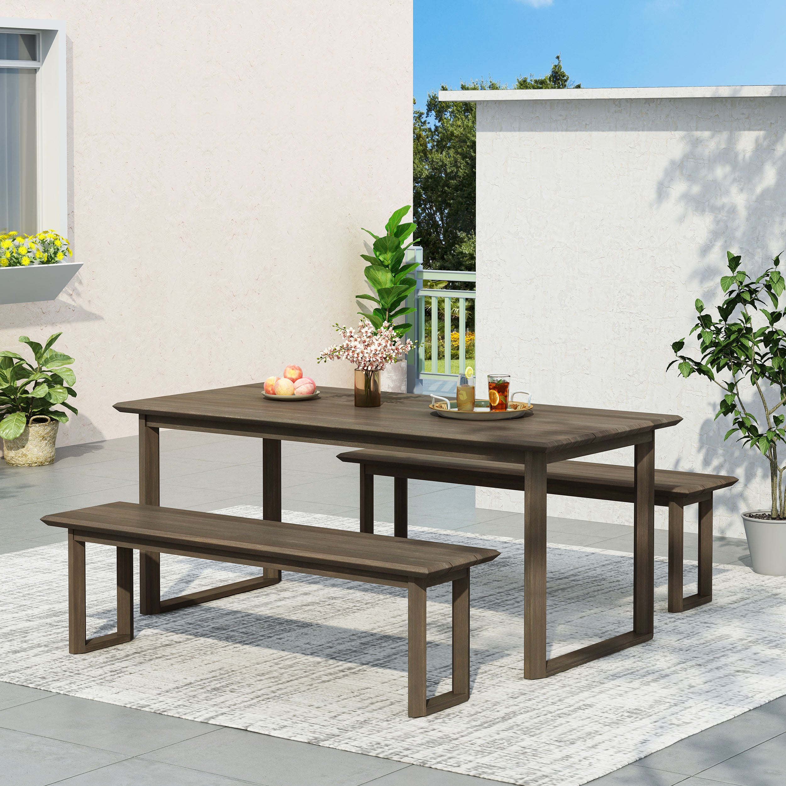 Aggie Acacia Wood Outdoor 3 Piece Picnic Dining Set， Gray