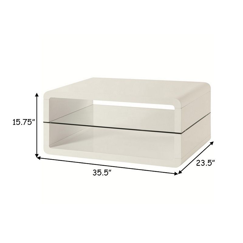 Modern Coffee Table With Rounded Corners and Clear Tempered Glass Shelf， White