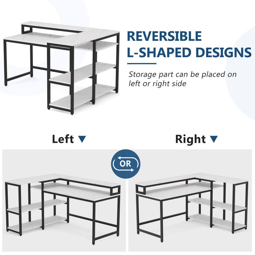 BYBLIGHT 55 in. L-shaped White Faux Marble Reversible Computer Desk with Shelves and Monitor Stand BB-JW0133GX