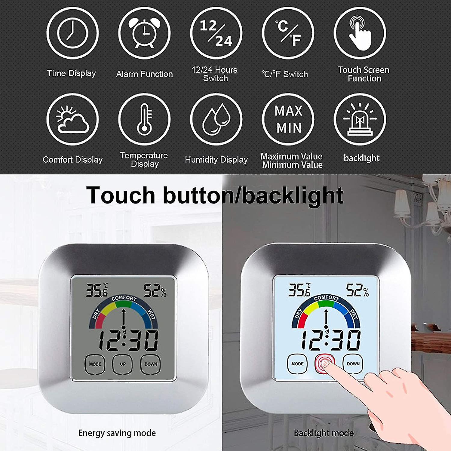 Clock，indoor Touch Lcd Screen Thermometer Hygrometer Electric Weather With Digital Backlit (3.3x3.3in)