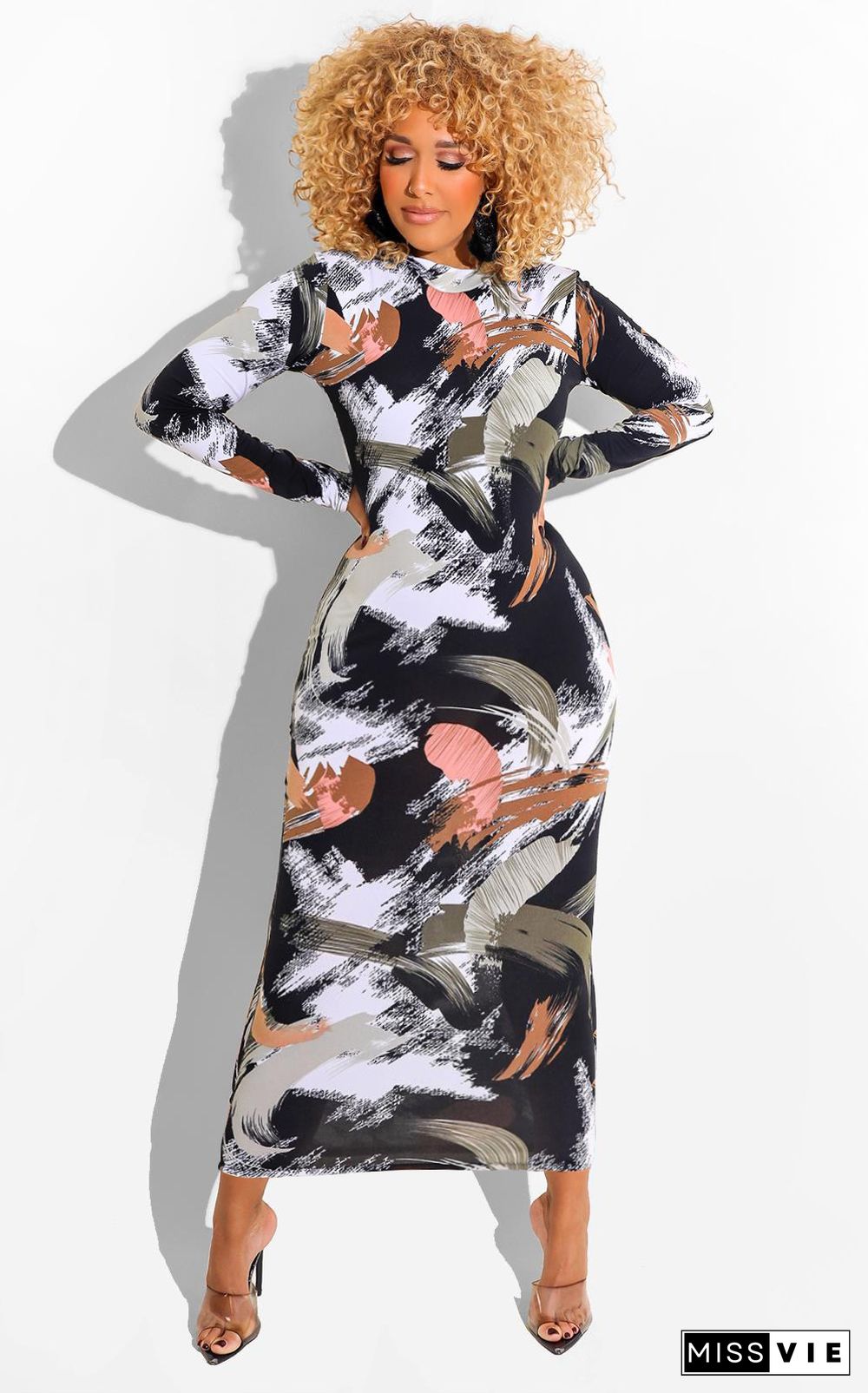 Graffiti Printing Zipper Long Sleeve Bodycon Dress