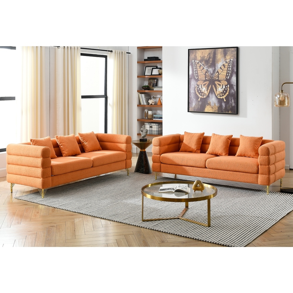 Orange Teddy Upholstered Sofa Set with Pillows  Removable Cushions  and Chic Metal Legs  3 Seater Sofa * 2