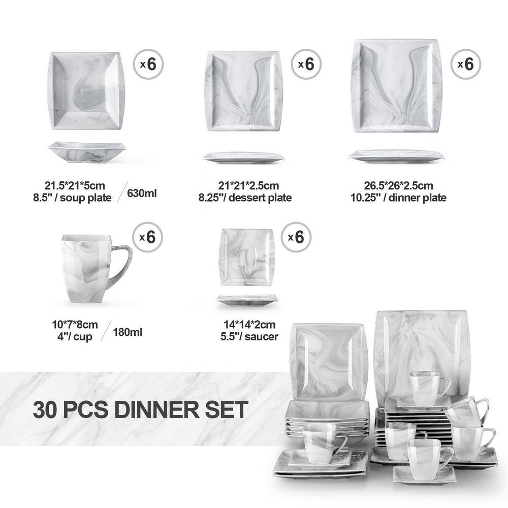 MALACASA Blance 30-Piece Porcelain Marble Grey Dinnerware Set (Service for 6) BLANCE-30-GREY