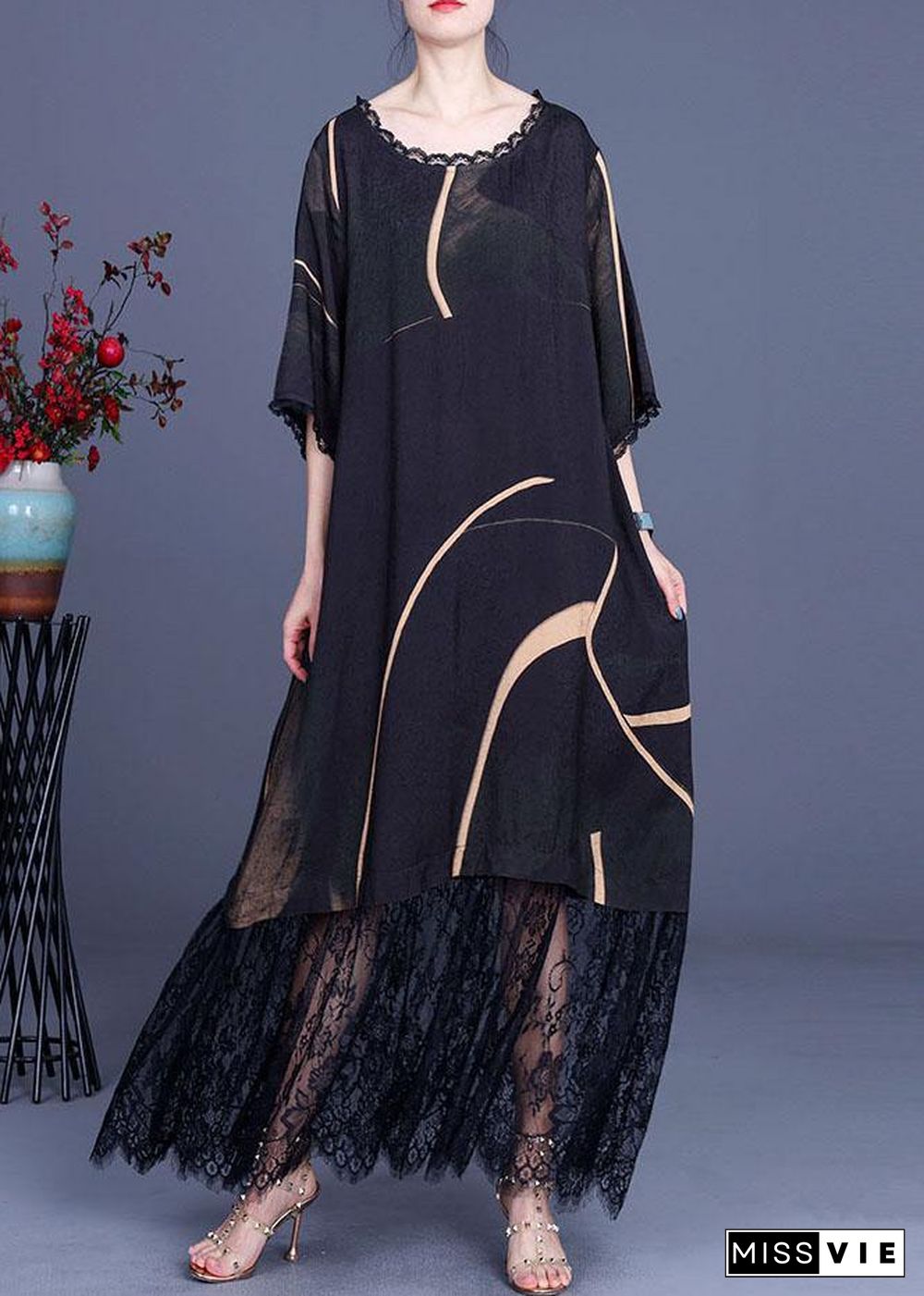 Natural Black Silk Print Patchwork Lace Vacation Dresses Summer