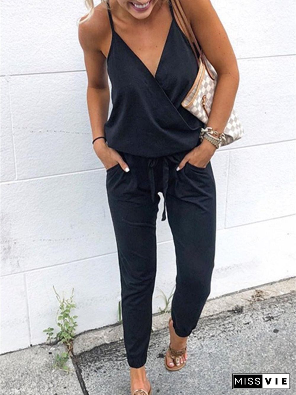 Women'S Jumpsuits Casual Sling V-Neck Belted Pocket Jumpsuit