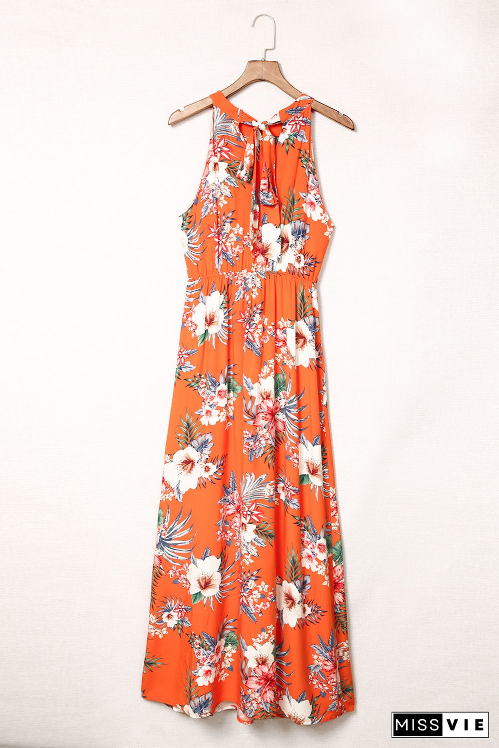 Orange Halter Neck Sleeveless Floral Dress with Slits