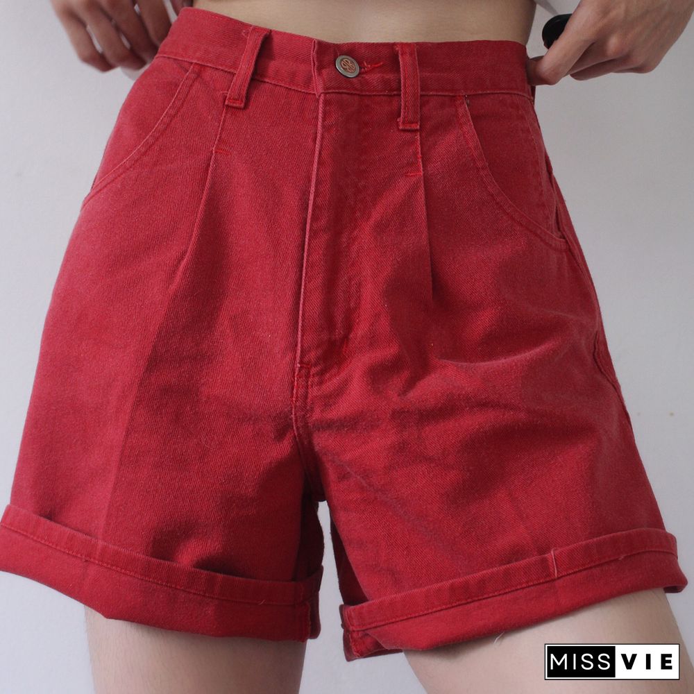 Solid Color Red Loose Fitting Shorts