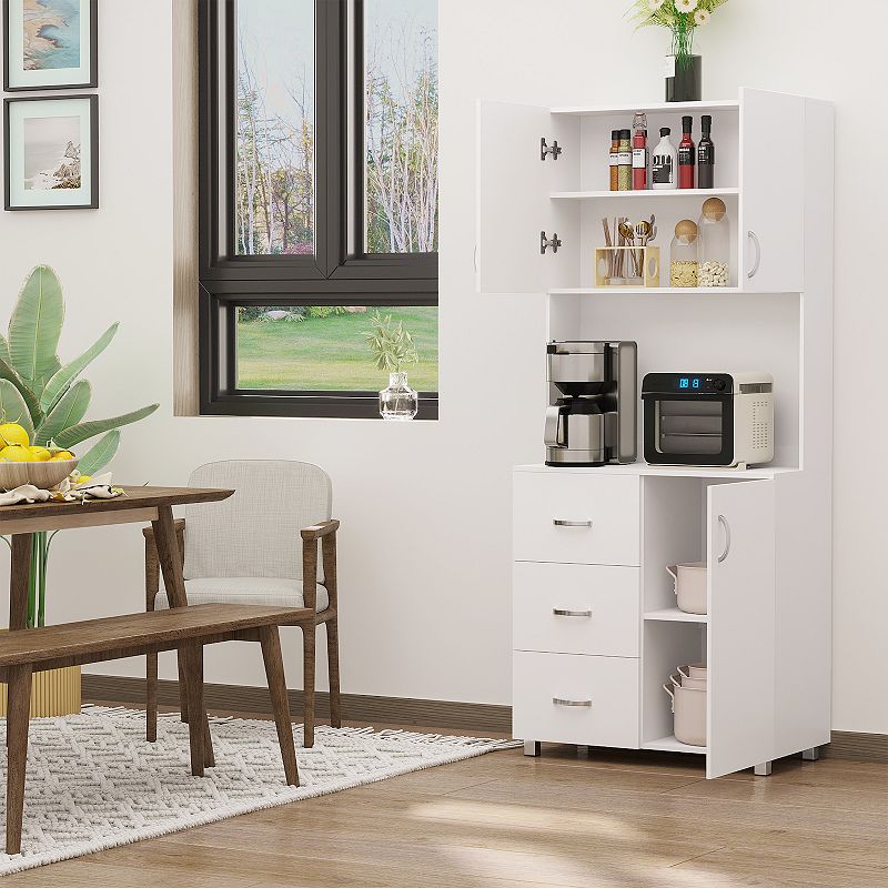 HOMCOM Freestanding Kitchen Buffet with Hutch Storage Organizer with 2 Door Cabinets 3 Drawers and Open Countertop Adjustable Shelf White