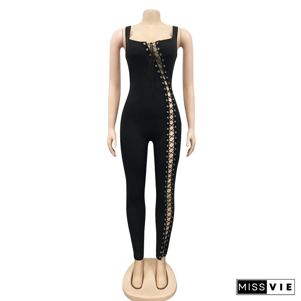 Fashion Summer New Sexy Lace Up Cutout Jumpsuit