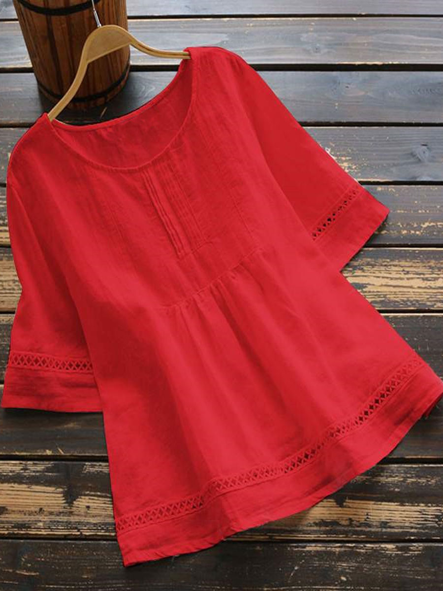 Round Neck Casual Loose Cutout Stitching Short-sleeved Blouse