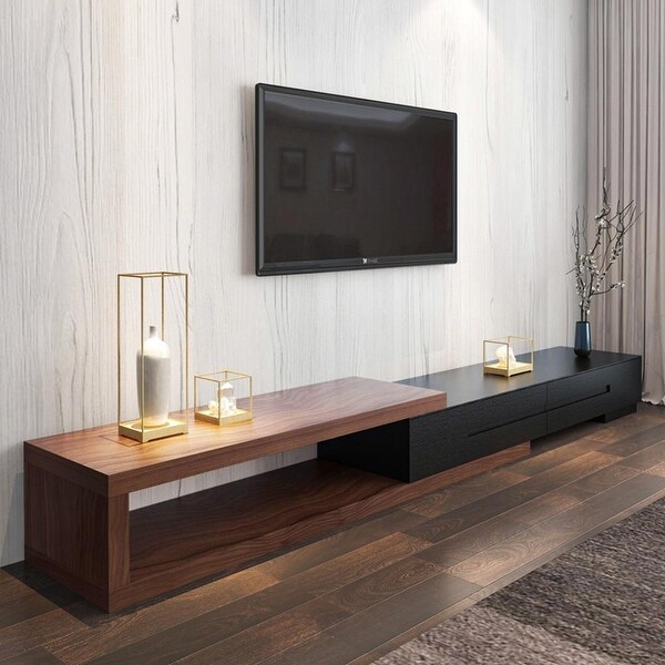 Modern Extendable White/Black TV Stand， Wood Media Console for Up to 70 Inch TV with 2 Drawers，78