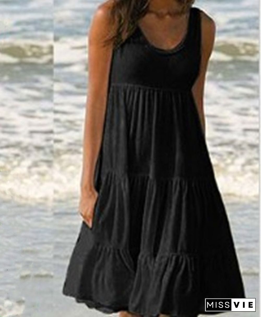 New Fashion Summer Women Casual Dress Round Neck Loose Big Swing Skirt Sleeveless Soild Color Beach Dress