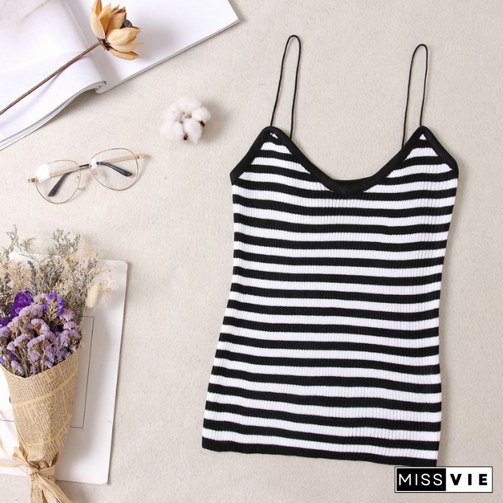 Women Knitted Tank Tops Sexy Spaghetti Strap Stretch Cropped Tops Striped Knit Camisole One Size Hot Sale Wdc4755