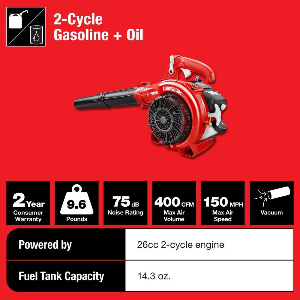 Homelite 150 MPH 400 CFM 26cc Gas Handheld Blower Vacuum UT26HBV