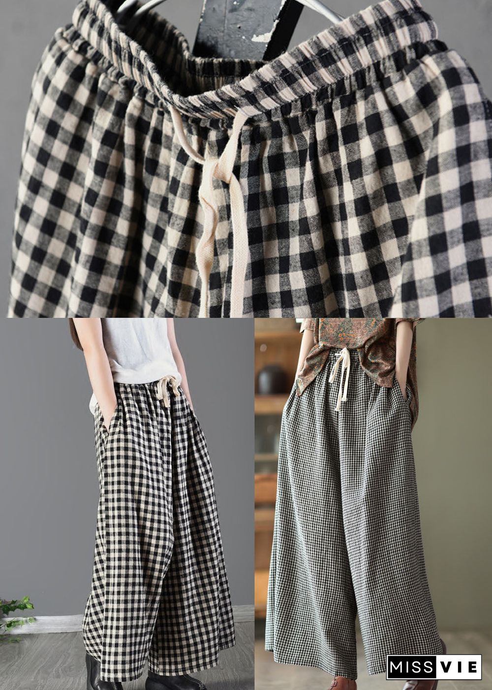 Casual Large Plaid Elastic Waist Linen Wide Leg Pants Summer