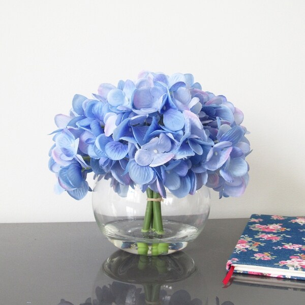 Artificial Hydrangea Flower Arrangement in Round Glass Vase 7in