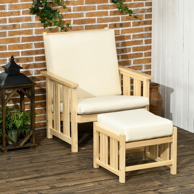 Outsunny Patio Furniture Set Wood Outdoor Patio Chair With Ottoman 2 Piece Cushioned Outdoor Lounge Chair Sofa Chair With Footrest Beige