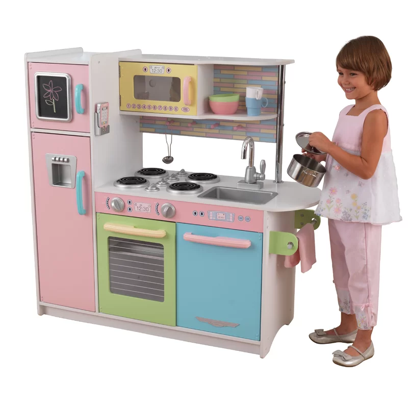 KidKraft Uptown Pastel Wooden Play Kitchen with Chalkboard， Play Phone， and See-Through Doors， Gift for Ages 3+