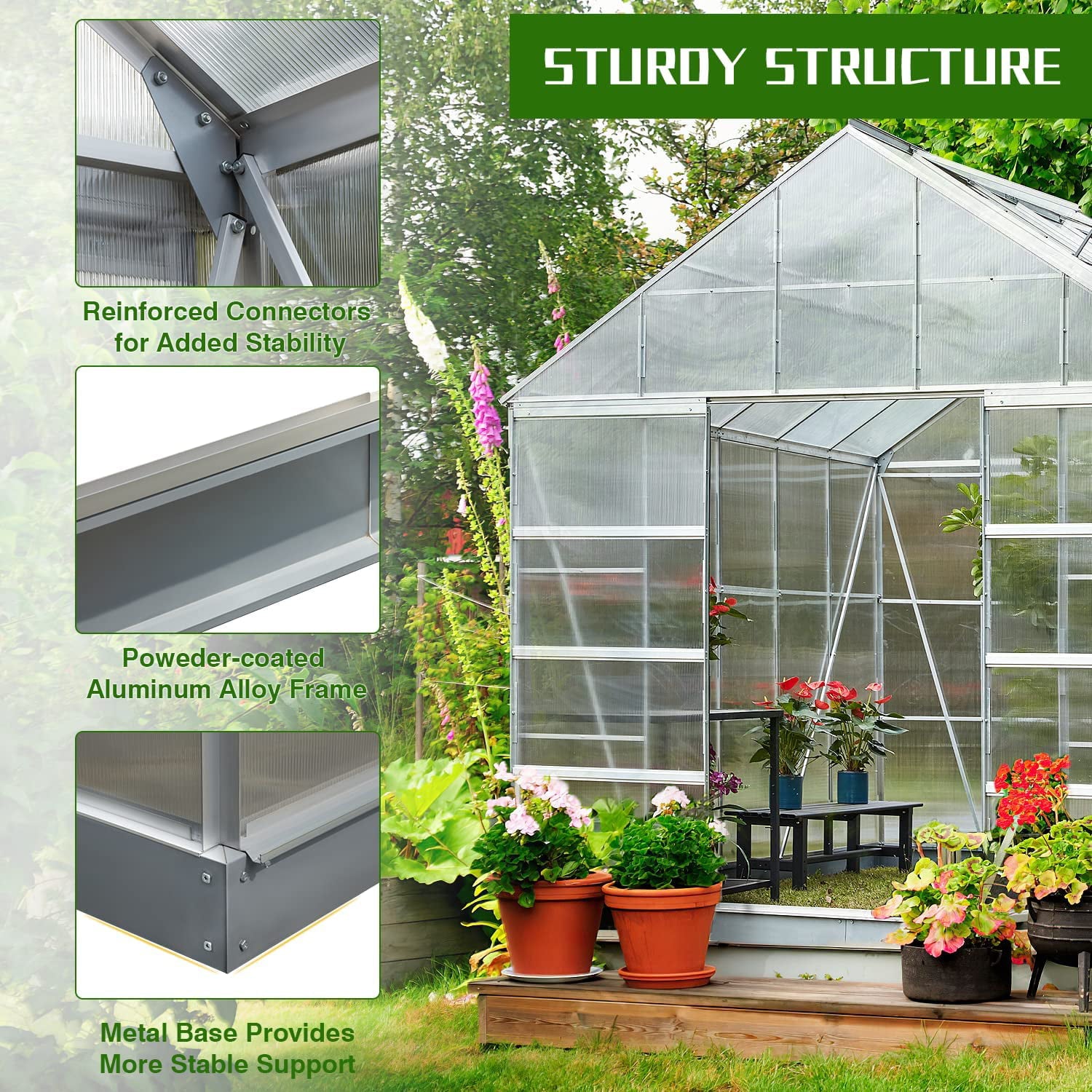 Yoleny 10' x 10' x 10.3' Outdoor Walk-in Hobby Greenhouse for Plants, Polycarbonate Aluminum Green House with Adjustable Roof Vent and Sliding Door for Backyard Garden in Winter